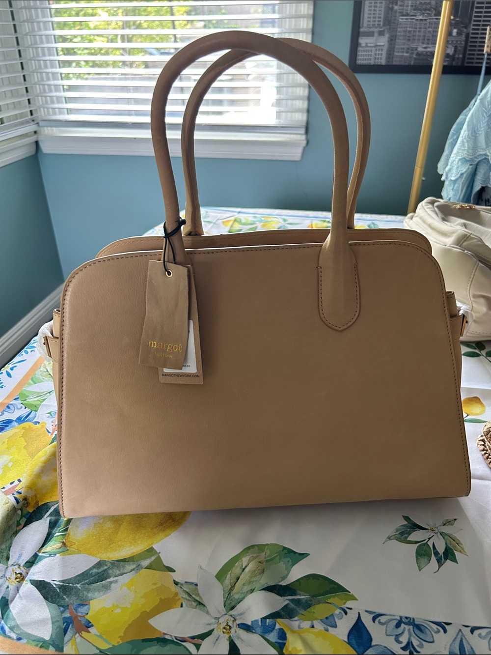margot beige-tan genuine leather bowling bag with dual handles